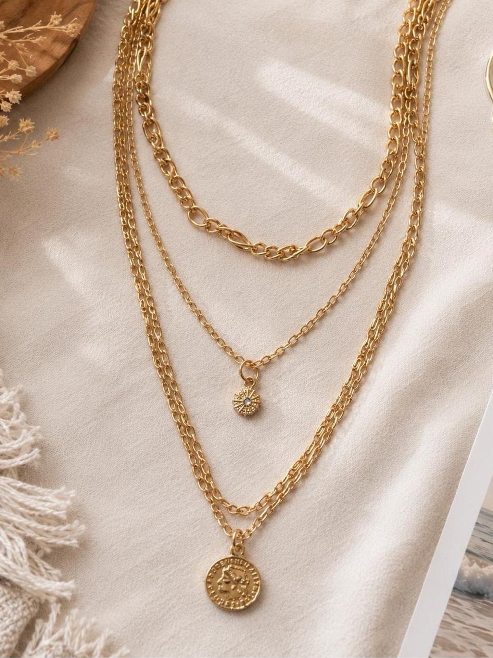 Gold Tone Layered Multi Chain Coin Pendant Necklace